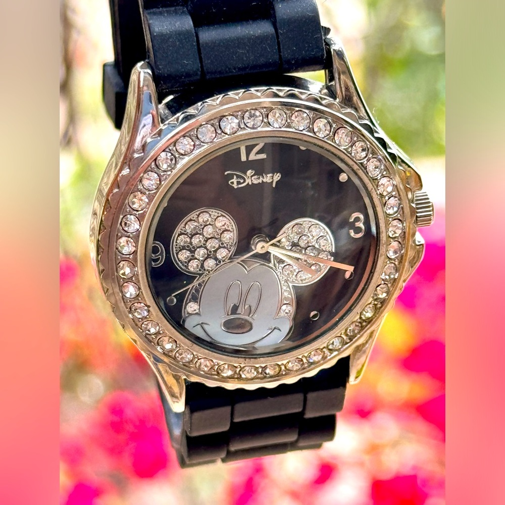 Disney Mickey Mouse Classic Black Silicone Watch with Crystals